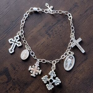 Vintage 90s Sterling Religious Cross Charm Bracelet